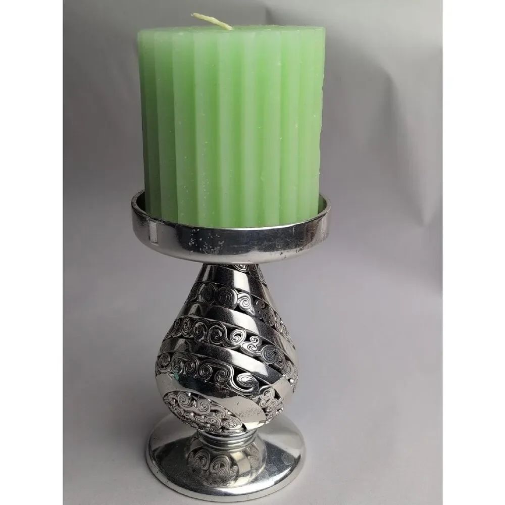 Vintage Brighton Silver Plate Hollowware Pillar Candle Holder Scroll Detail